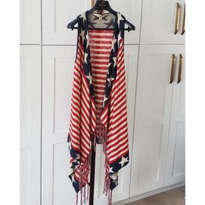One World Knit Vest Womens M Multicolor American Flag Casual Open Front